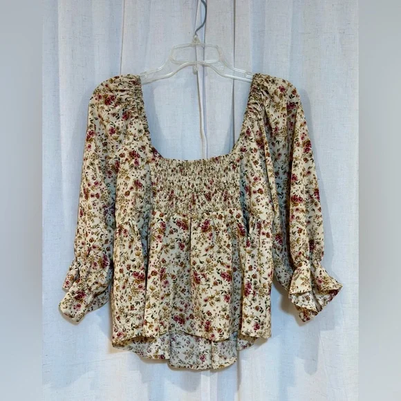 Floral Blouse - Cream with Pink Rose Print - Picture 2 of 4